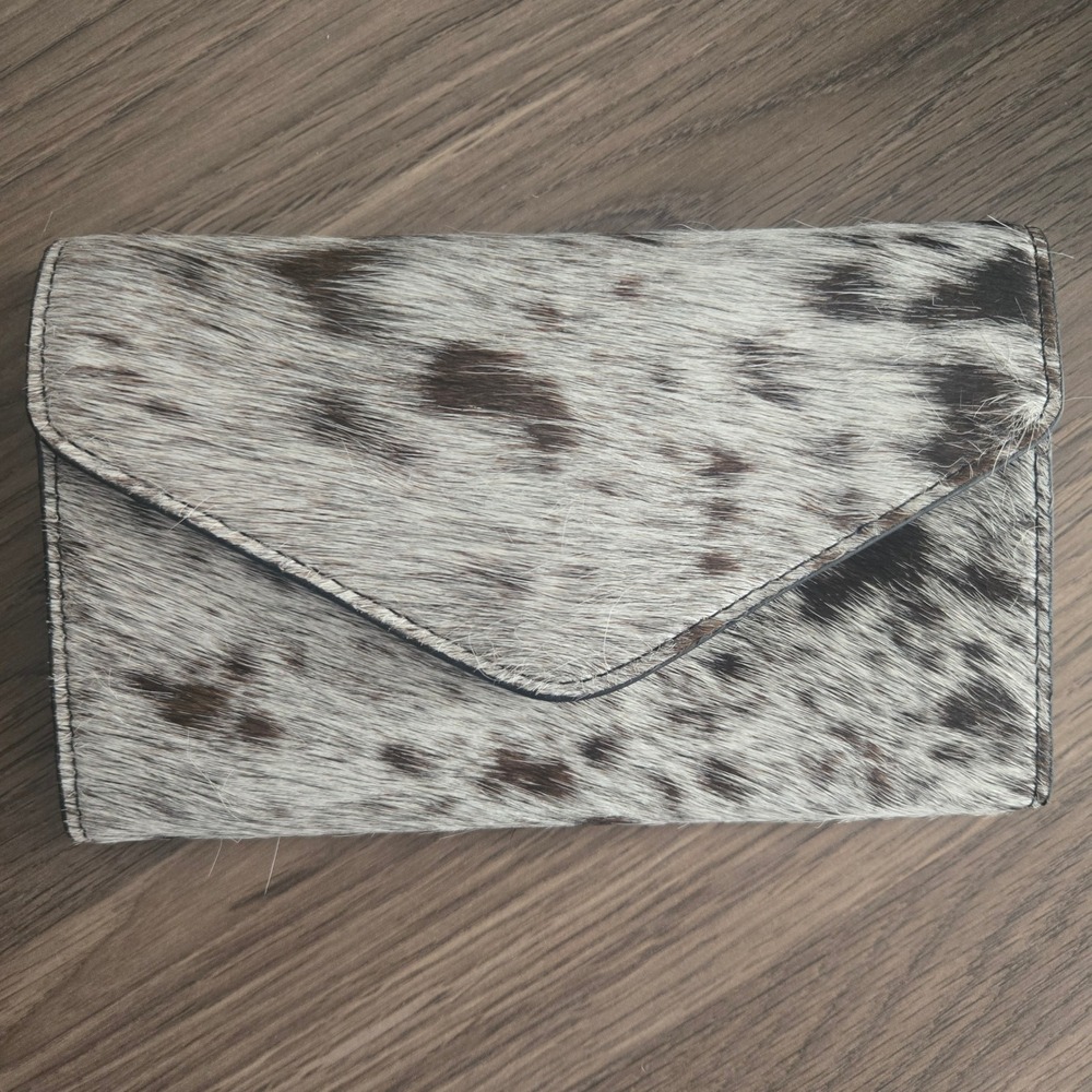Cowhide Leather Trifold Wallet Spotted Animal Print Black Interior brown, black